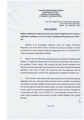 FCRA - Clarification Regarding Submission of Application for Renewal of Registration Certificate 30th Sept-page-00001