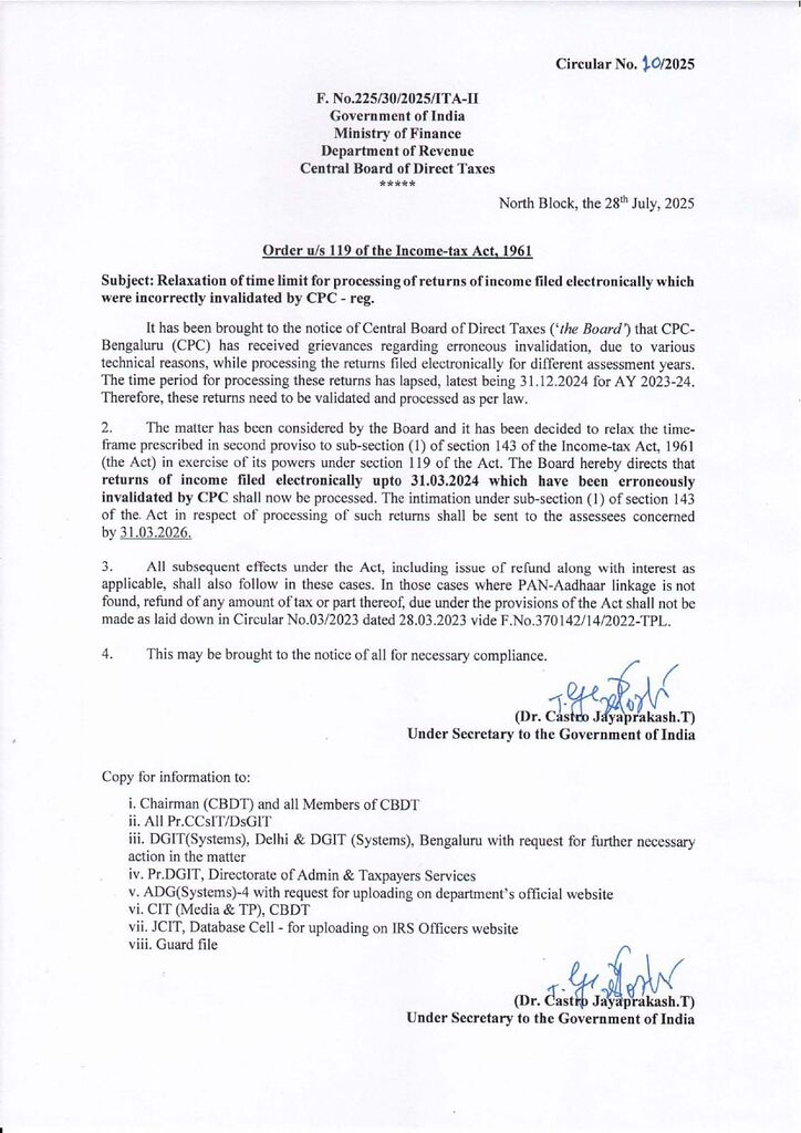 cbdt-extends-time-to-process-invalid-itrs-till-31-march-2026-relief